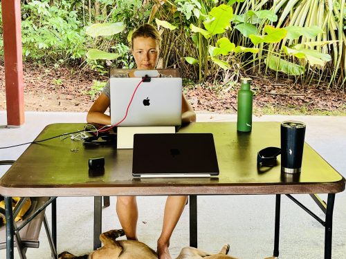 Multitasking – leading online workshop while grooming the dog, Costa Rica